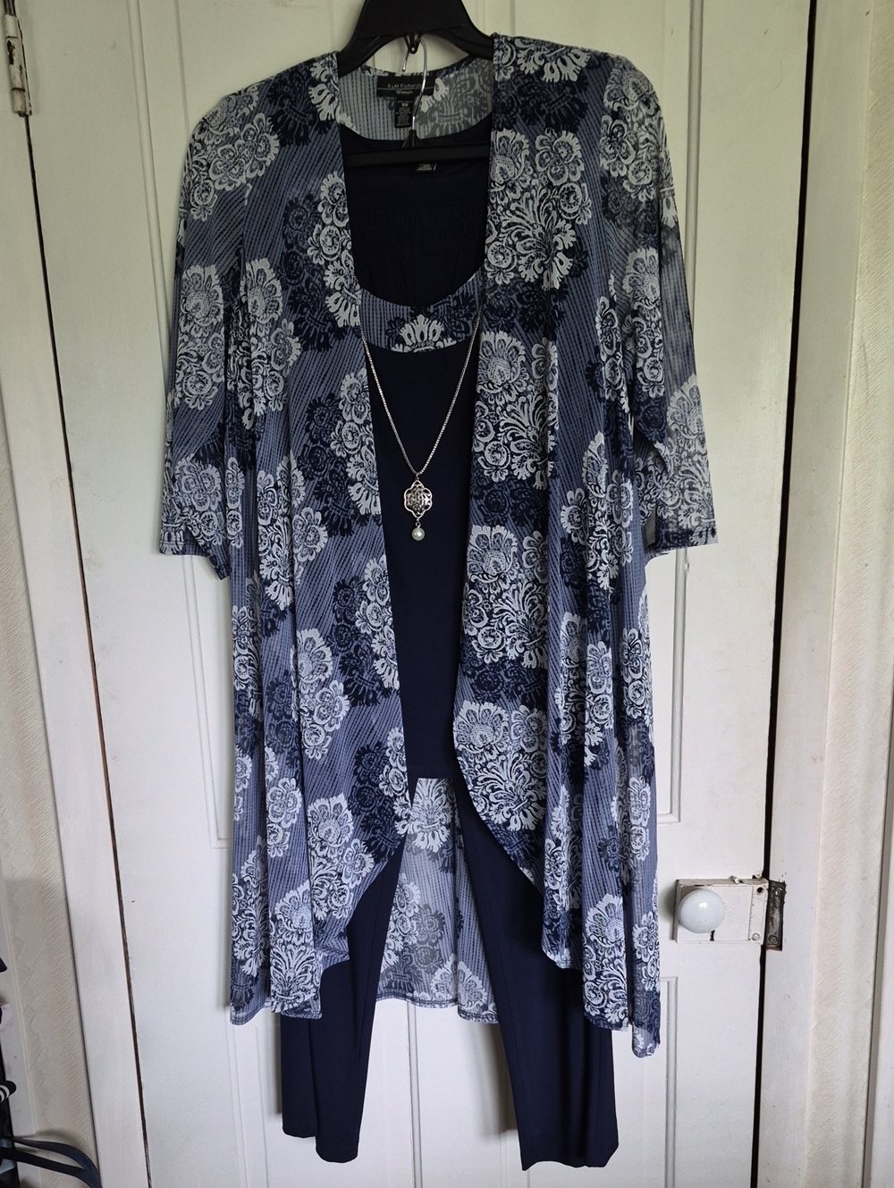 R&M Richards Navy and White Printed Duster with Navy Tank